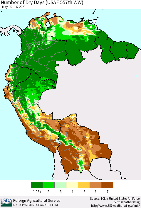 Northern South America Number of Dry Days (USAF 557th WW) Thematic Map For 5/10/2021 - 5/16/2021