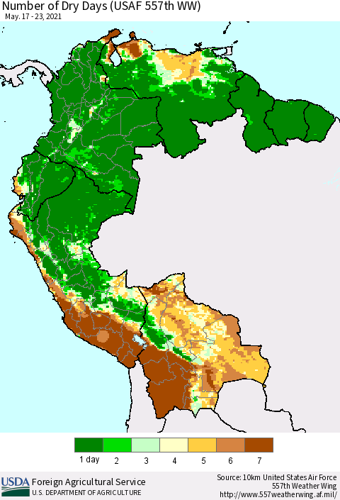 Northern South America Number of Dry Days (USAF 557th WW) Thematic Map For 5/17/2021 - 5/23/2021