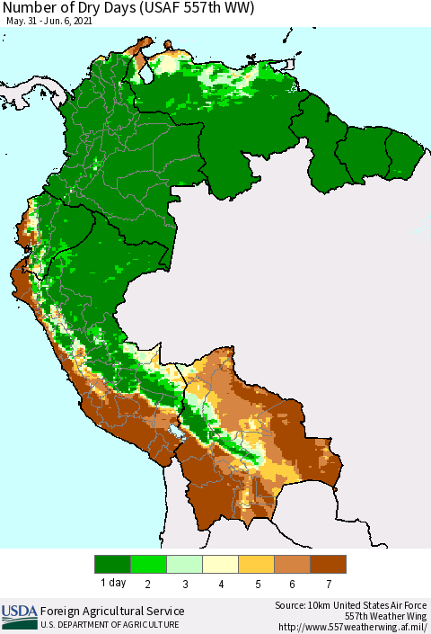 Northern South America Number of Dry Days (USAF 557th WW) Thematic Map For 5/31/2021 - 6/6/2021