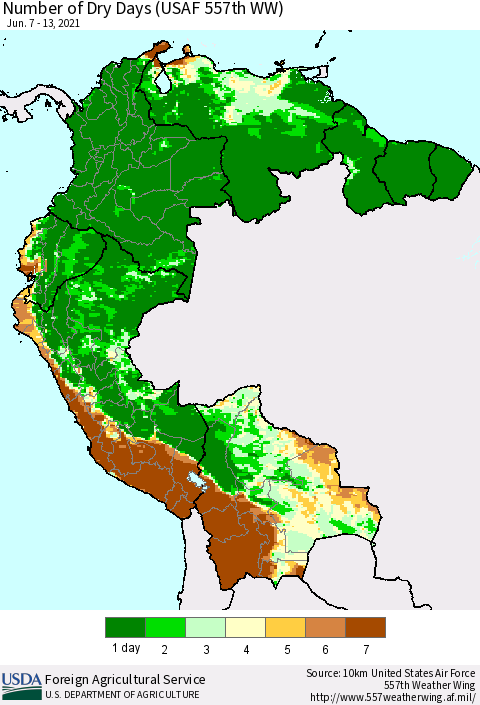 Northern South America Number of Dry Days (USAF 557th WW) Thematic Map For 6/7/2021 - 6/13/2021