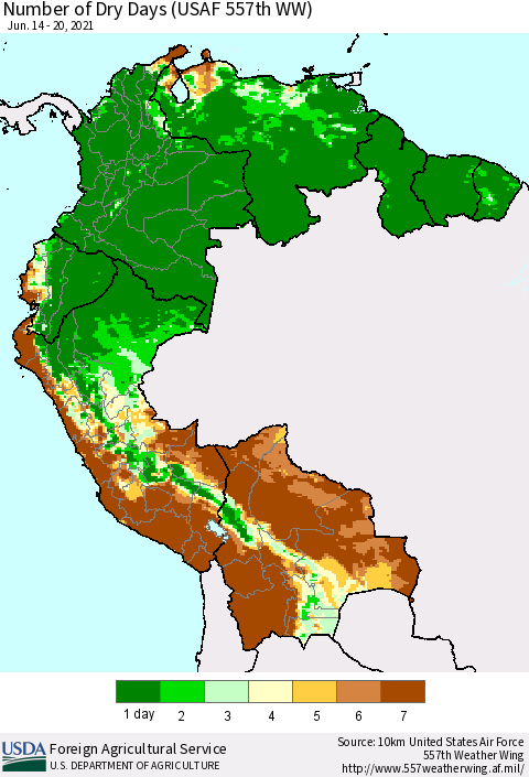Northern South America Number of Dry Days (USAF 557th WW) Thematic Map For 6/14/2021 - 6/20/2021