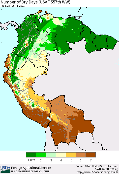 Northern South America Number of Dry Days (USAF 557th WW) Thematic Map For 6/28/2021 - 7/4/2021