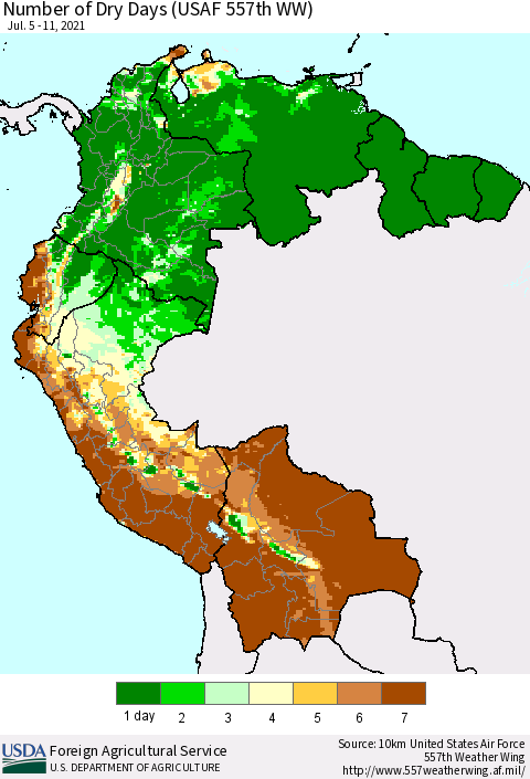 Northern South America Number of Dry Days (USAF 557th WW) Thematic Map For 7/5/2021 - 7/11/2021