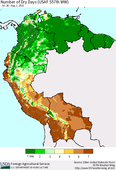 Northern South America Number of Dry Days (USAF 557th WW) Thematic Map For 7/26/2021 - 8/1/2021