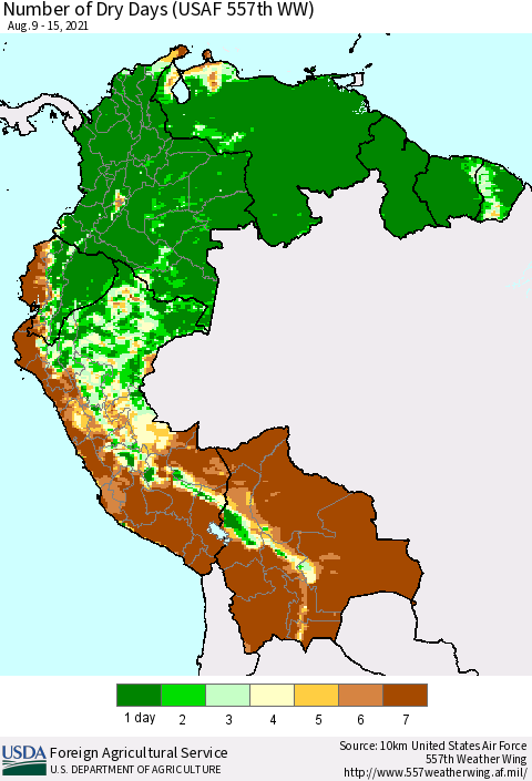 Northern South America Number of Dry Days (USAF 557th WW) Thematic Map For 8/9/2021 - 8/15/2021