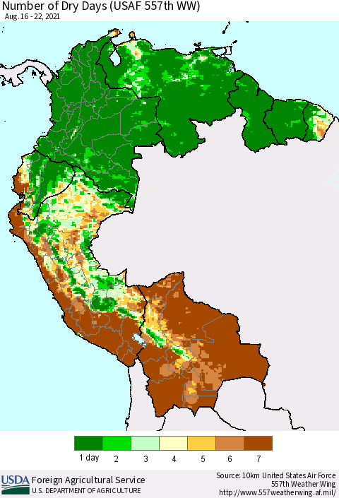 Northern South America Number of Dry Days (USAF 557th WW) Thematic Map For 8/16/2021 - 8/22/2021