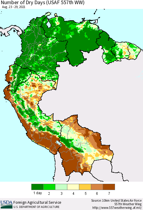 Northern South America Number of Dry Days (USAF 557th WW) Thematic Map For 8/23/2021 - 8/29/2021