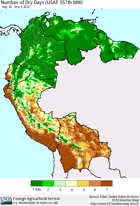 Northern South America Number of Dry Days (USAF 557th WW) Thematic Map For 8/30/2021 - 9/5/2021