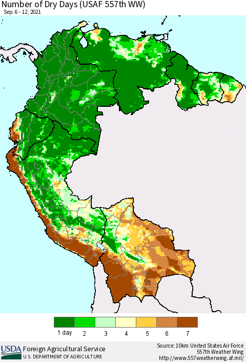 Northern South America Number of Dry Days (USAF 557th WW) Thematic Map For 9/6/2021 - 9/12/2021