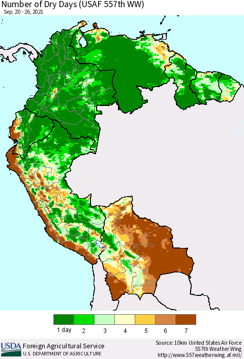 Northern South America Number of Dry Days (USAF 557th WW) Thematic Map For 9/20/2021 - 9/26/2021