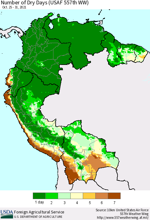 Northern South America Number of Dry Days (USAF 557th WW) Thematic Map For 10/25/2021 - 10/31/2021