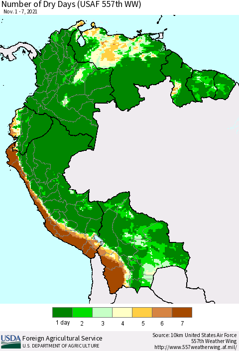 Northern South America Number of Dry Days (USAF 557th WW) Thematic Map For 11/1/2021 - 11/7/2021