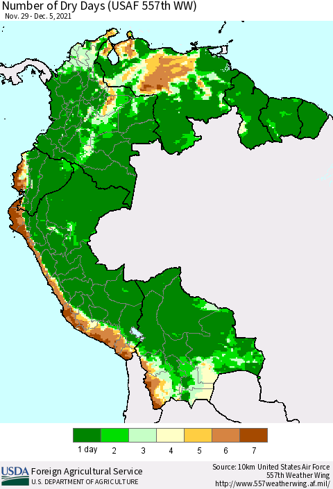 Northern South America Number of Dry Days (USAF 557th WW) Thematic Map For 11/29/2021 - 12/5/2021