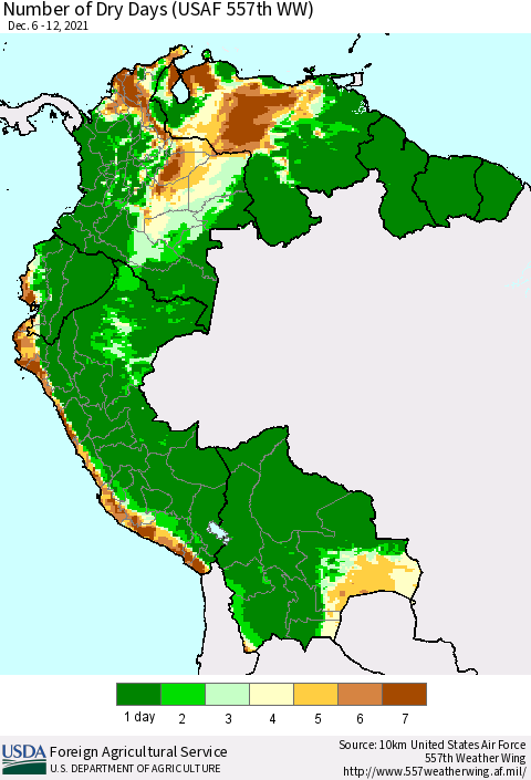 Northern South America Number of Dry Days (USAF 557th WW) Thematic Map For 12/6/2021 - 12/12/2021