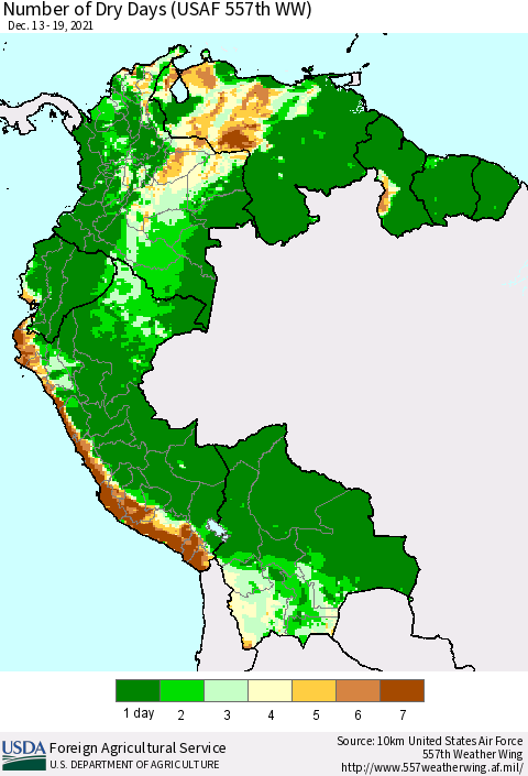 Northern South America Number of Dry Days (USAF 557th WW) Thematic Map For 12/13/2021 - 12/19/2021