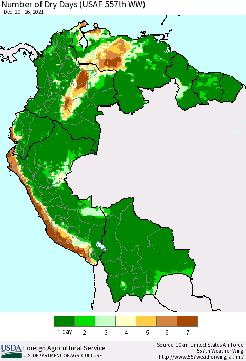Northern South America Number of Dry Days (USAF 557th WW) Thematic Map For 12/20/2021 - 12/26/2021