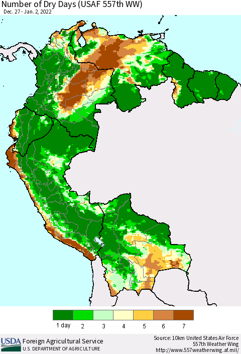 Northern South America Number of Dry Days (USAF 557th WW) Thematic Map For 12/27/2021 - 1/2/2022