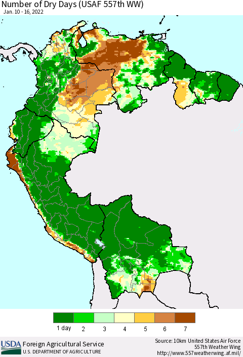 Northern South America Number of Dry Days (USAF 557th WW) Thematic Map For 1/10/2022 - 1/16/2022