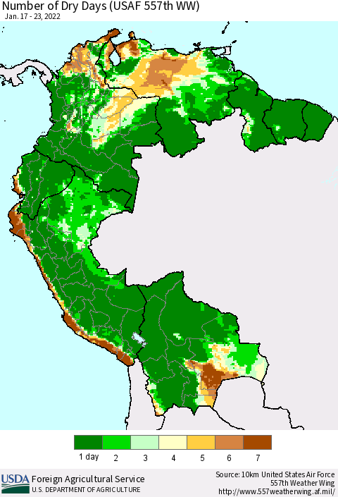 Northern South America Number of Dry Days (USAF 557th WW) Thematic Map For 1/17/2022 - 1/23/2022