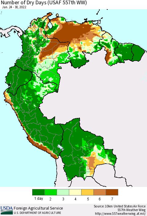 Northern South America Number of Dry Days (USAF 557th WW) Thematic Map For 1/24/2022 - 1/30/2022