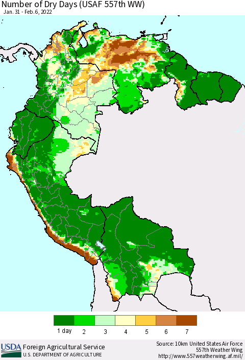 Northern South America Number of Dry Days (USAF 557th WW) Thematic Map For 1/31/2022 - 2/6/2022