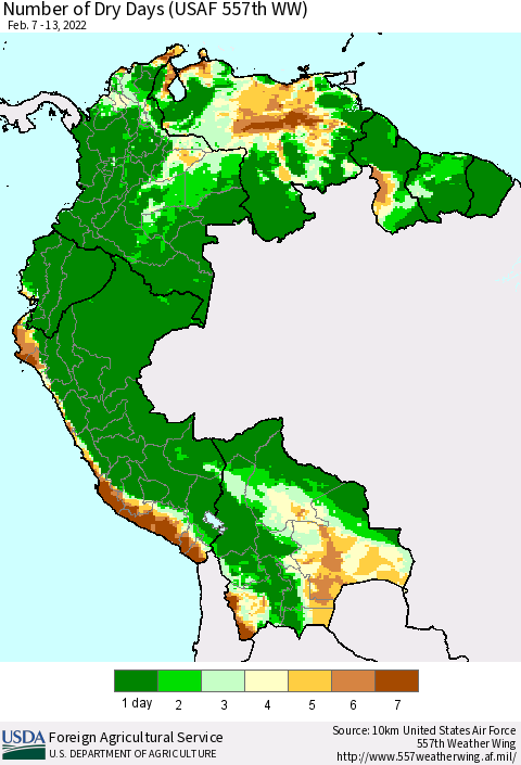 Northern South America Number of Dry Days (USAF 557th WW) Thematic Map For 2/7/2022 - 2/13/2022