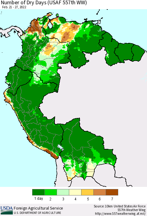 Northern South America Number of Dry Days (USAF 557th WW) Thematic Map For 2/21/2022 - 2/27/2022