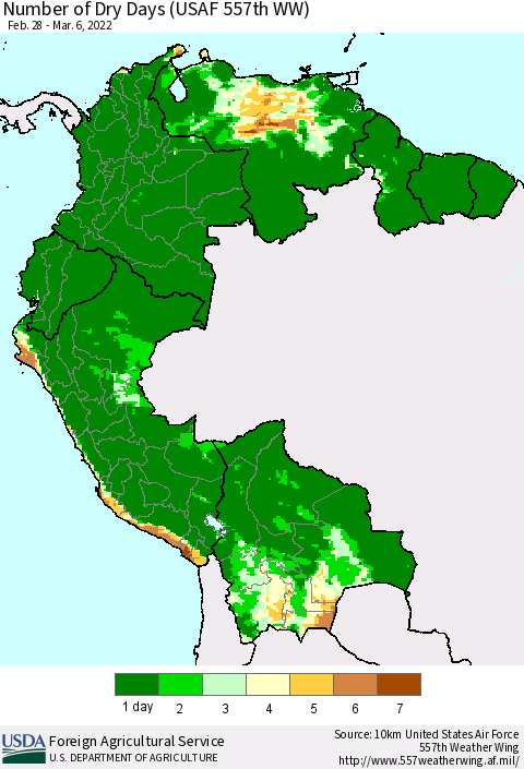 Northern South America Number of Dry Days (USAF 557th WW) Thematic Map For 2/28/2022 - 3/6/2022