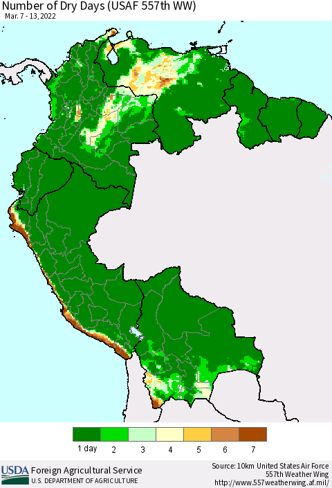 Northern South America Number of Dry Days (USAF 557th WW) Thematic Map For 3/7/2022 - 3/13/2022