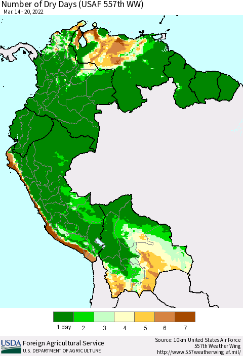 Northern South America Number of Dry Days (USAF 557th WW) Thematic Map For 3/14/2022 - 3/20/2022