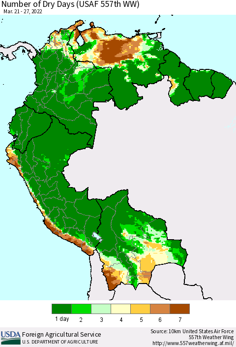 Northern South America Number of Dry Days (USAF 557th WW) Thematic Map For 3/21/2022 - 3/27/2022