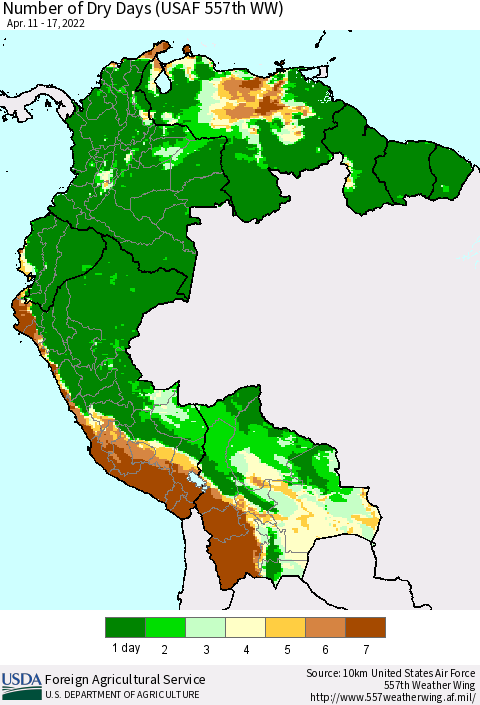 Northern South America Number of Dry Days (USAF 557th WW) Thematic Map For 4/11/2022 - 4/17/2022