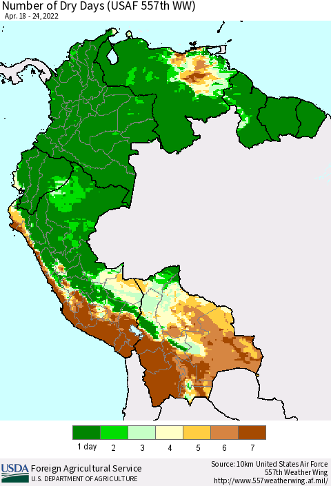 Northern South America Number of Dry Days (USAF 557th WW) Thematic Map For 4/18/2022 - 4/24/2022