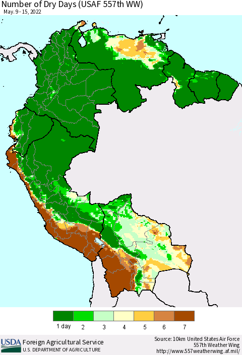 Northern South America Number of Dry Days (USAF 557th WW) Thematic Map For 5/9/2022 - 5/15/2022