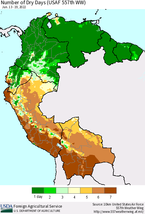 Northern South America Number of Dry Days (USAF 557th WW) Thematic Map For 6/13/2022 - 6/19/2022