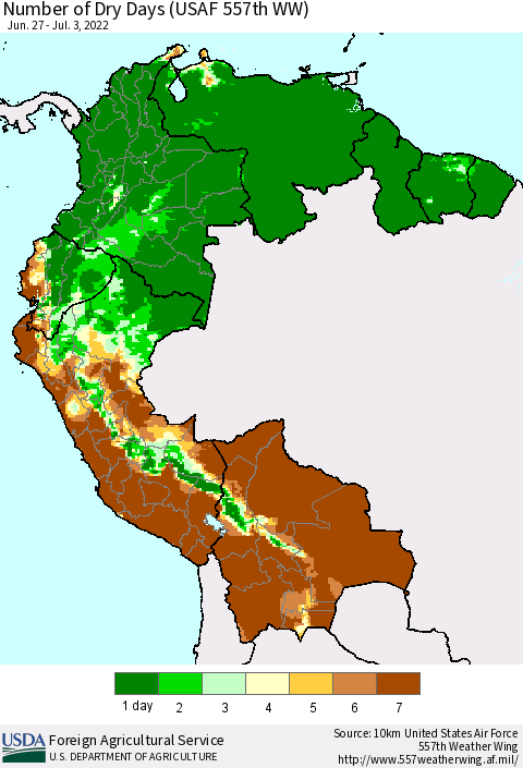 Northern South America Number of Dry Days (USAF 557th WW) Thematic Map For 6/27/2022 - 7/3/2022