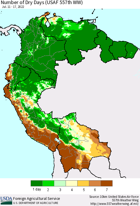 Northern South America Number of Dry Days (USAF 557th WW) Thematic Map For 7/11/2022 - 7/17/2022