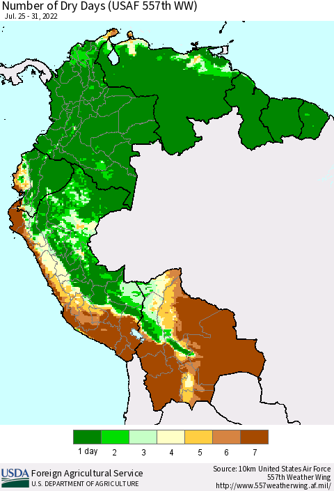 Northern South America Number of Dry Days (USAF 557th WW) Thematic Map For 7/25/2022 - 7/31/2022