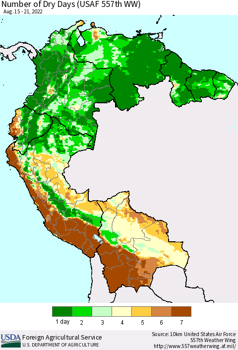 Northern South America Number of Dry Days (USAF 557th WW) Thematic Map For 8/15/2022 - 8/21/2022