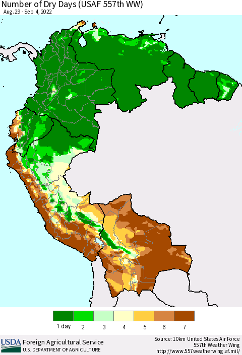 Northern South America Number of Dry Days (USAF 557th WW) Thematic Map For 8/29/2022 - 9/4/2022