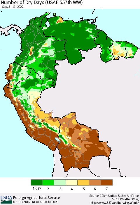 Northern South America Number of Dry Days (USAF 557th WW) Thematic Map For 9/5/2022 - 9/11/2022