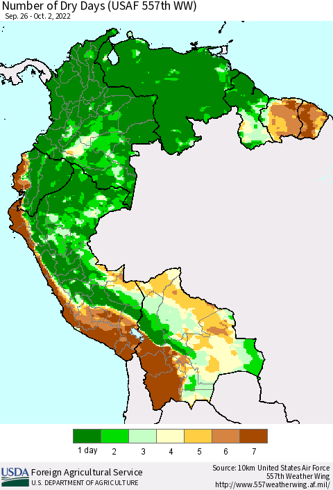 Northern South America Number of Dry Days (USAF 557th WW) Thematic Map For 9/26/2022 - 10/2/2022