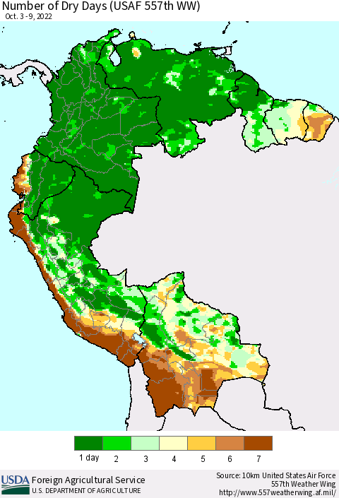 Northern South America Number of Dry Days (USAF 557th WW) Thematic Map For 10/3/2022 - 10/9/2022