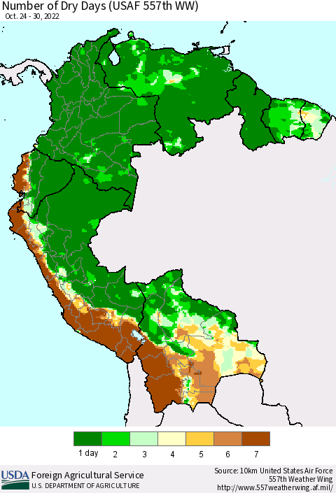 Northern South America Number of Dry Days (USAF 557th WW) Thematic Map For 10/24/2022 - 10/30/2022