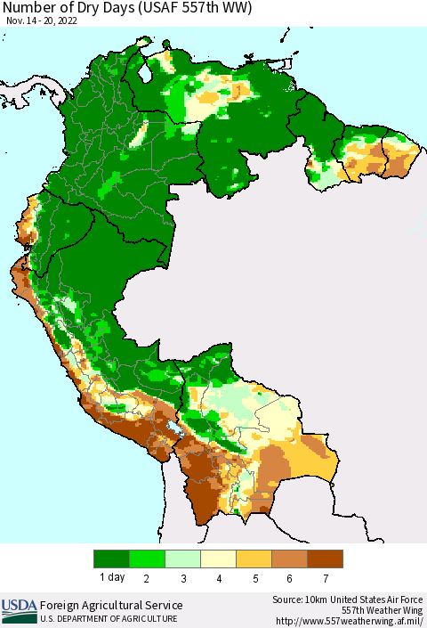 Northern South America Number of Dry Days (USAF 557th WW) Thematic Map For 11/14/2022 - 11/20/2022