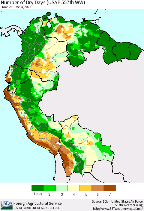 Northern South America Number of Dry Days (USAF 557th WW) Thematic Map For 11/28/2022 - 12/4/2022