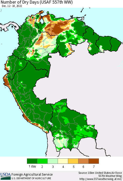 Northern South America Number of Dry Days (USAF 557th WW) Thematic Map For 12/12/2022 - 12/18/2022