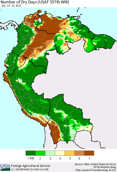 Northern South America Number of Dry Days (USAF 557th WW) Thematic Map For 12/19/2022 - 12/25/2022