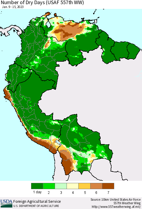 Northern South America Number of Dry Days (USAF 557th WW) Thematic Map For 1/9/2023 - 1/15/2023