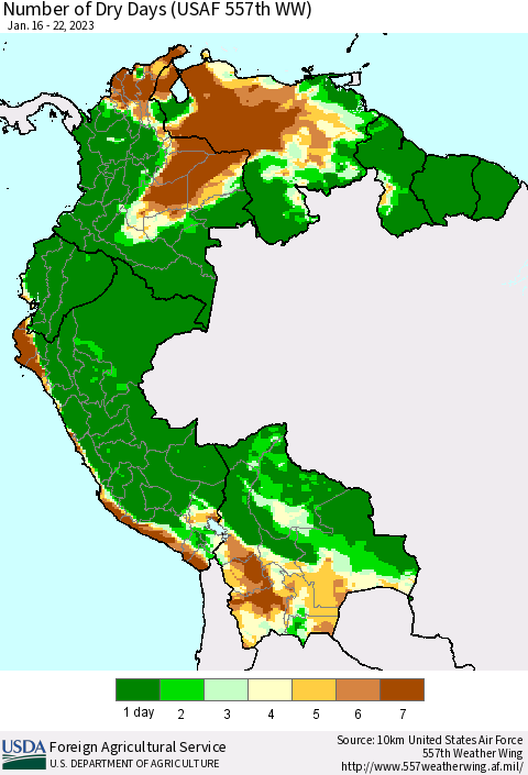 Northern South America Number of Dry Days (USAF 557th WW) Thematic Map For 1/16/2023 - 1/22/2023